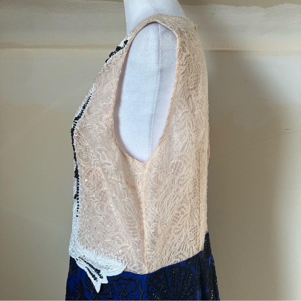 Emilio Pucci Blush Lace Beaded Bird Sleeveless Blue Scallop Shell Dress size 14 - Picture 9 of 15